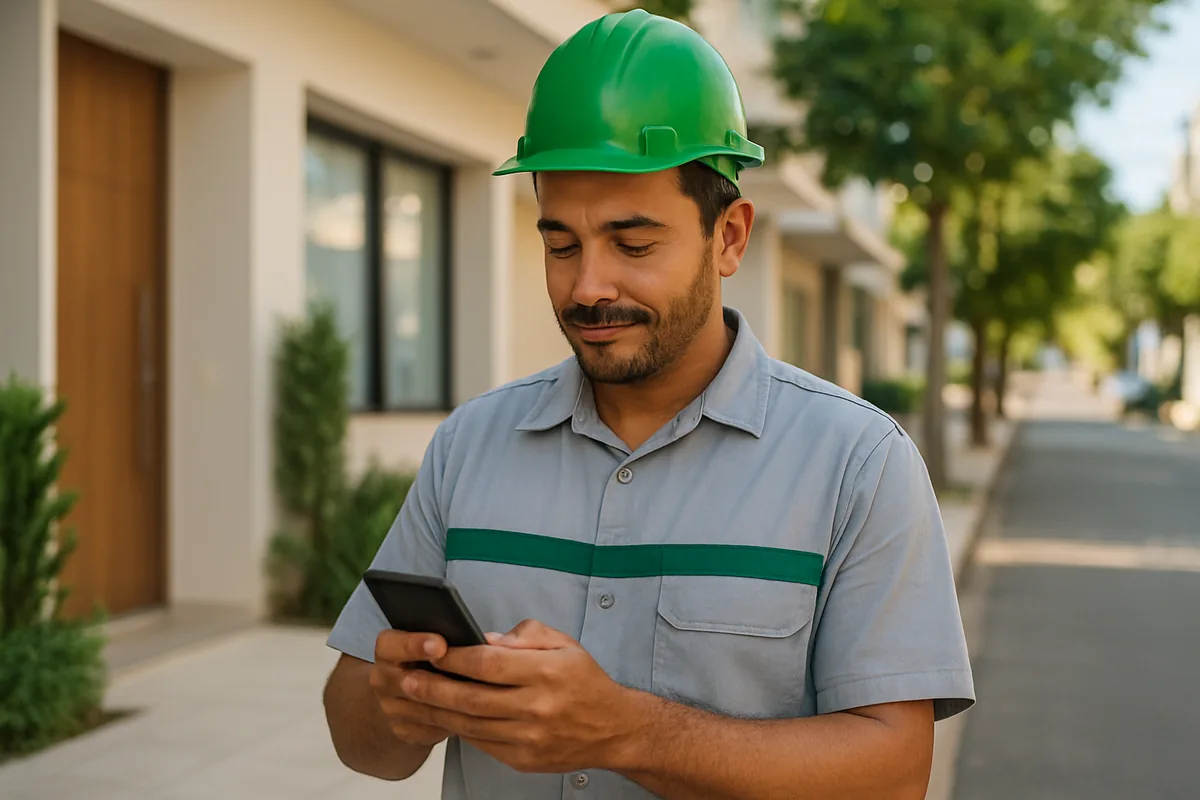 Técnico de campo em uniforme e capacete registrando o ponto pelo celular ao ar livre, ilustrando o registro por GPS para equipes externas